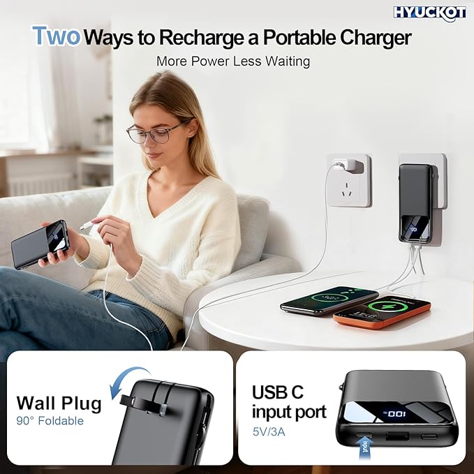 Portable Charger Power Bank with Built-in Cables and Wall Plug, 10000mAh Slim USB-C Battery Pack, 15W Fast Charging Travel Essential Portable Phone Charger Compatible with iPhone, Samsung (Black)