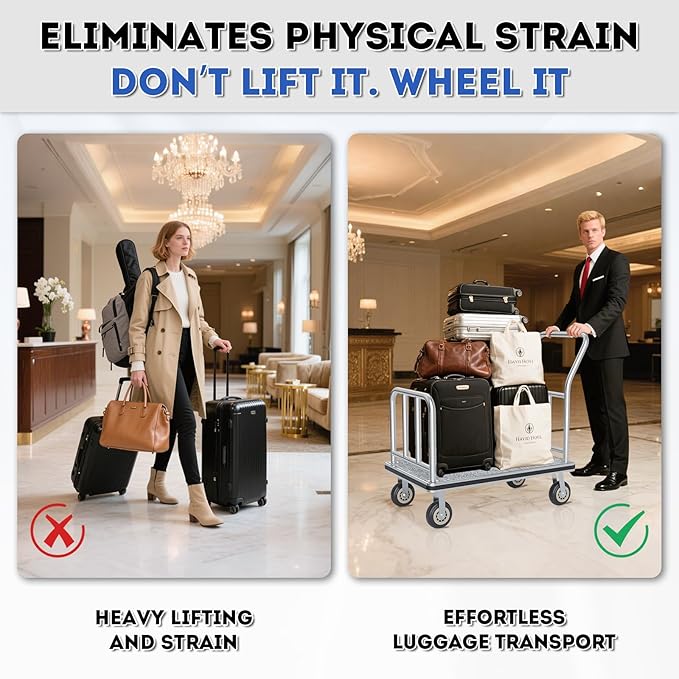 Heavy Duty Luggage Cart - 8" Wheels with Brackets, Commercial Grade Hotel Luggage Trolley, Deluxe Rectangular Steel Bellman Cart with Platform for Hotels Use (38"X 42" X 25")