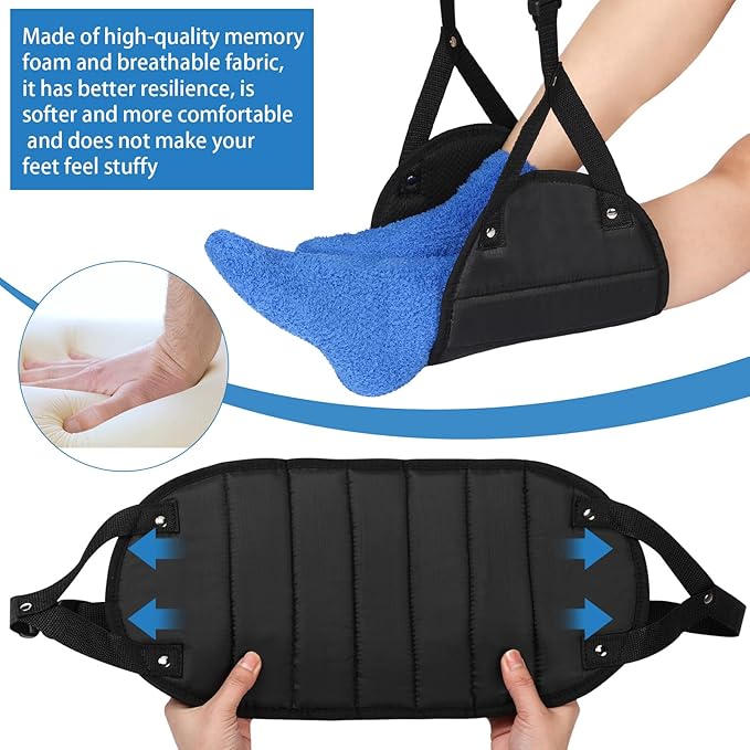 Yerliker Airplane Foot Hammock(Memory Foam) with Earplugs and Eye Mask Travel Necessities Adjustable Airplane Desk Foot Rest for Long Trip Pain and Swelling Relief(Black)