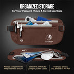 VENTURE 4TH Money Belt for Travel – Slim Hidden Under-Clothes RFID Blocking Anti-Theft Passport Holder & Travel Wallet Pouch for Men & Women to Protect Cash, Cards & Documents (Brown)