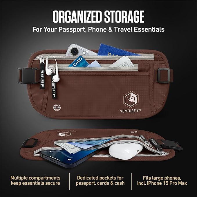 VENTURE 4TH Money Belt for Travel – Slim Hidden Under-Clothes RFID Blocking Anti-Theft Passport Holder & Travel Wallet Pouch for Men & Women to Protect Cash, Cards & Documents (Brown)