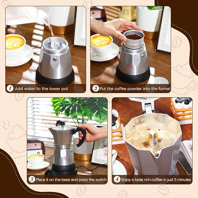 Coffee Pot 6 Cup Electric Espresso Coffee Maker Italian Moka Maker 300ml Portable Aluminum Espresso Machine Cafetera Moka Pot with Detachable Base, Gift for Home Travel (Silver)