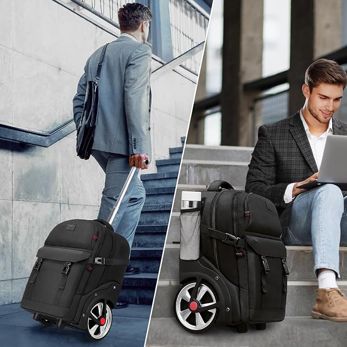MATEIN Rolling Backpack for Men with Wheels, 17 Inch Large Wheeled Backpack with Combination Lock, Water Resistant Anti Theft Travel Laptop Backpack for Adults Work Business, Black
