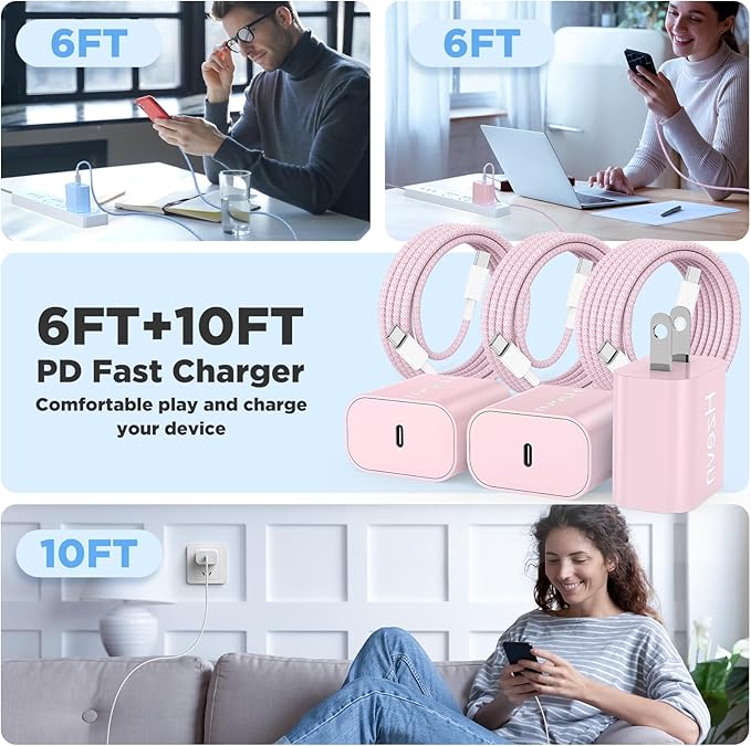 20W USB C Fast Charging for iPhone 17 Air/16/15 Pro Max,3Pack Colorful Mixed Charger Block with Braided Long USB C to C Cables (6/6/10ft) Compatible with iPhone16/15 Pro/15 Plus/iPad Pro