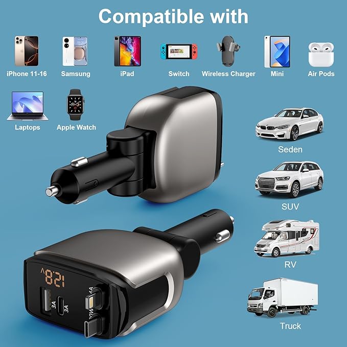 Retractable Car Charger 4 in 1, Fast Car Phone Charger with 2.6ft Cable, USB C and Lightning Car Chargers Adapter, Compatible with iPhone 16 15/15 Pro Max, Galaxy, Pixel, Travel Essentials