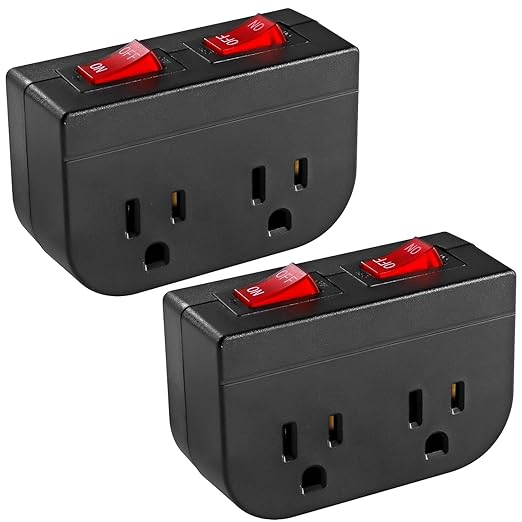 Grounded Outlet with Double ON Off Switch,VSEER 2 Port Electrical Outlet Plug Switch 15A 1875W / Wall Tap Adapter with Daul Red Indicator, ETL Listed (Black 2-Pack)