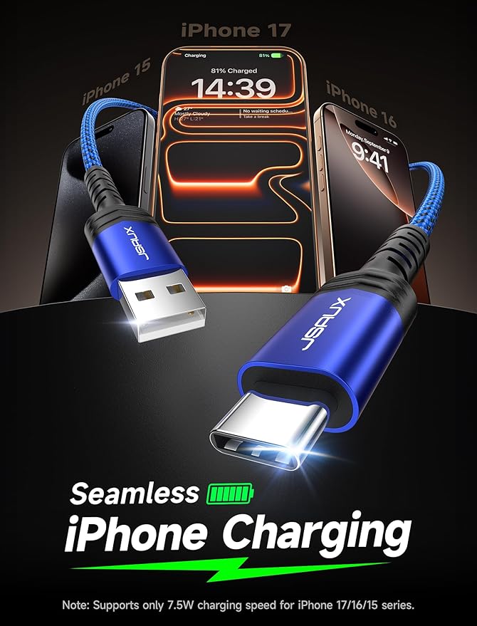 JSAUX USB C Cable 4-Pack [10ft+6.6ft+3.3ft+3.3ft], USB A to Type C Fasting Charging Cord Compatible with iPhone 16/16 Pro/16 Pro Max/15, Samsung Galaxy S24 S23 S22 Note 20 10 Blue