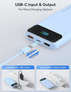 Portable Charger, 10000mAh 22.5W Fast Charging Power Bank with 4 Built-in Cables, Travel Essentials Battery Pack with LED Display, 6 Outputs Charging Bank Compatible with iPhone, iPad, Samsung Blue