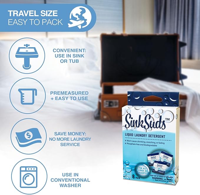 SinkSuds Travel Laundry Detergent Liquid Soap + Odor Eliminator for All Fabrics Including Delicates, Sink-Packets, 0.25 Fl Oz (Pack of 16)