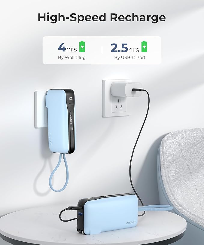 JOYFAR Portable Charger with Built-in USB-C Cable & Plug, 10,000mAh 5V/4.5A Power Bank Fast Charging 22.5W, Travel Essential Battery Pack 3 Output for iPhone 16/15 Series, Samsung Galaxy, iPad, 1 Pack