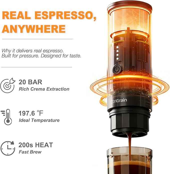 Portable Espresso Machine, Travel Coffee Maker with Carrying Bag and Stand, Fast Charging Espresso Maker with Self-Heating for Ground Coffee & NS Capsules, for Camping, RV, Hiking, Office