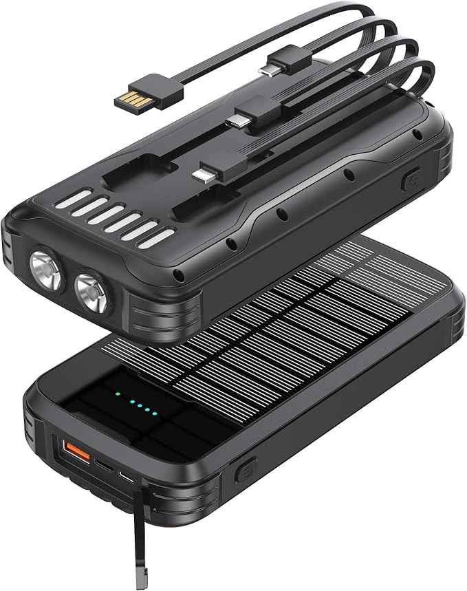 MINRISE Solar Charger Power Bank, 40000mAh Portable Charger PD 20W Fast Charging Solar Power Bank Built in 4 Cables and USB-C in/Output, Camping Essentials External Battery Pack with Flashlights