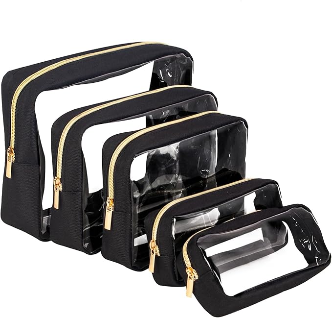 Remobia Hicol TSA Approved 5-Piece Diaper Bag Organizer Pouch Set Clear Waterproof TPU Kids Toiletry Storage Set Travel Packing Clutch Cube Bags for Baby Nursing(Black)