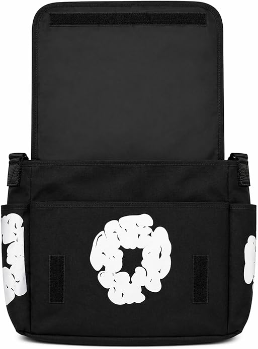 Floral Graphic Printed Messenger Bag Cotton Canvas Crossbody Shoulder Satchel, Black