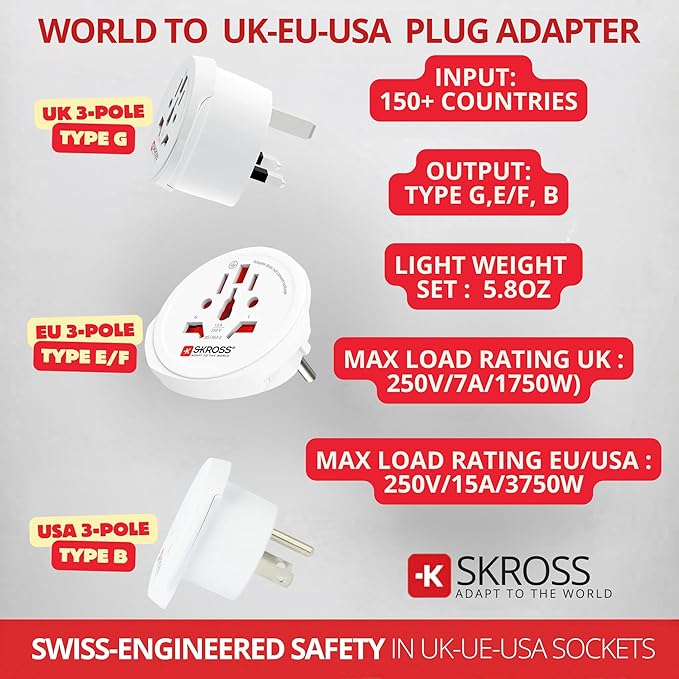 SKROSS World Travel Adapter Set 3-Pack — USA, UK & Europe Plug Adapters, Swiss-Engineered Country Travel Adapter Bundle, White
