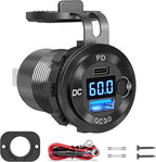 12V 24V 36V 48V 60V High Voltage USB Outlet Aluminum Car Socket, PD 36W and QC 36W Car Port Outlet Waterproof Cigarette Lighter Power Adapter DIY Kit with Button Switch for Boat Golf Cart, etc.