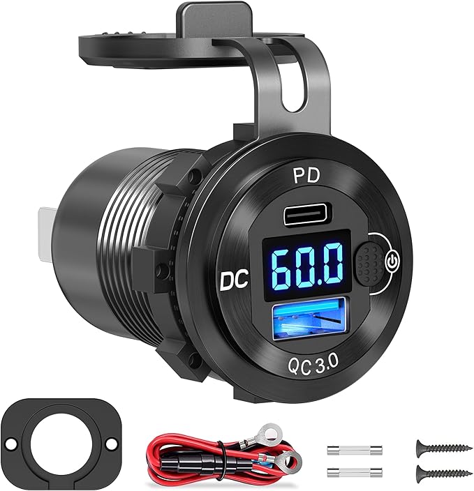 12V 24V 36V 48V 60V High Voltage USB Outlet Aluminum Car Socket, PD 36W and QC 36W Car Port Outlet Waterproof Cigarette Lighter Power Adapter DIY Kit with Button Switch for Boat Golf Cart, etc.