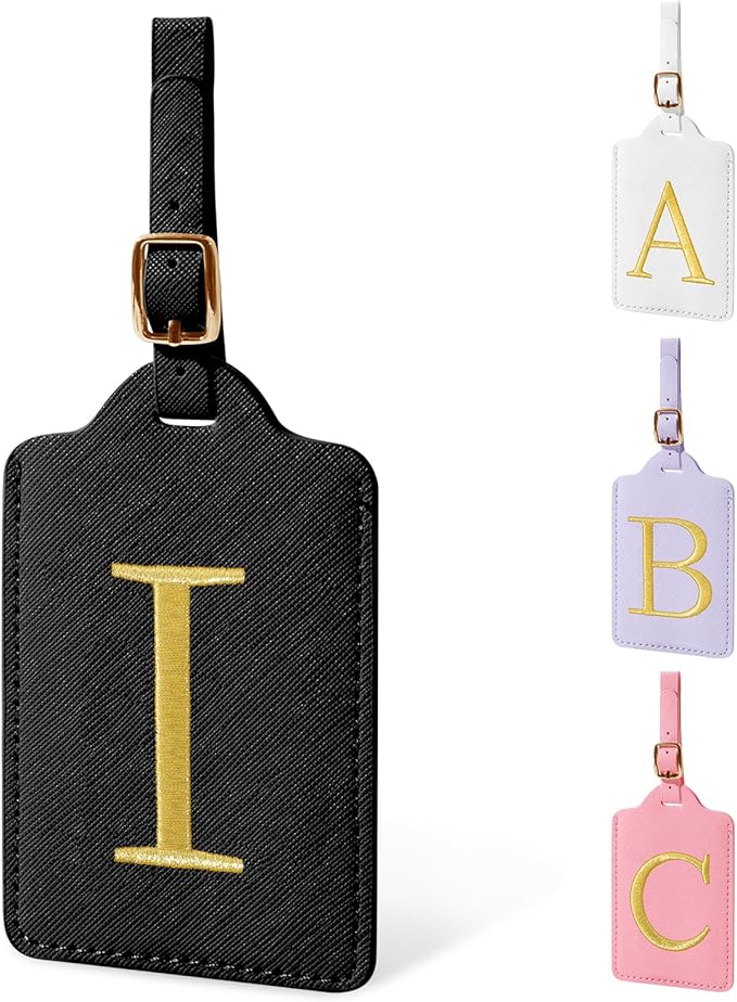Personalized Initial Luggage Tags for Suitcase TSA Approved, Black Leather Cute Luggage Tag with Privacy Cover Name Card, Embroidered Custom Luggage Tags Travel Backpack Tags Gifts for Women Kids(I)
