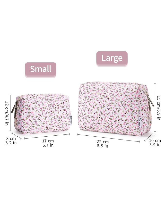 Narwey Cute Floral Makeup Bag Travel Cosmetic Bag Organizer Toiletry Bag Make Up Bags with Compartments for Women Girls (Pink Flower, Large)