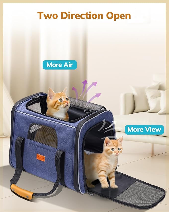 Morpilot Cat Carrier - Soft Sided Cat Carrier Large for Big Medium Cats and Puppy up to 18lbs, Pet Carrier with Safety Zippers, Foldable Bowl, Airline Approved Large Dog Carrier - Dark Blue