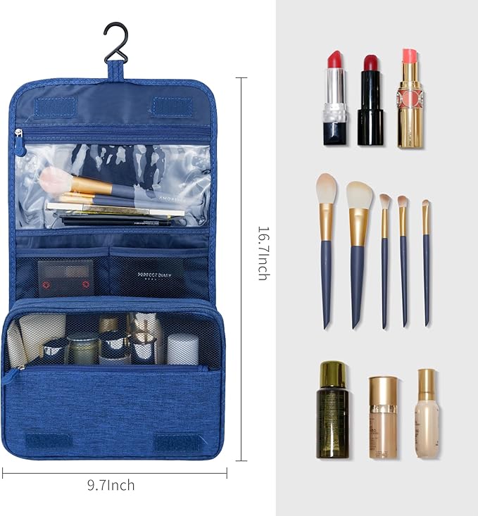 Lcsmaokin Large Capacity Toiletry Bag Travel Bag with Hanging Hook for Men and Women Waterproof Travel Cosmetic Bag Bathroom Storage Bag for Brushes Set, Full-Sized Shampoo, Toiletries, (Navy Blue)