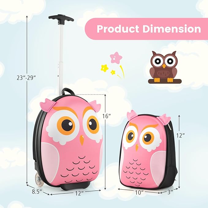Goplus 2PC Kids Carry On Luggage Set, 16" Rolling Suitcase & 12" Backpack, Airline Approved Travel Trolley Luggage with Wheels for Toddlers Children Girls Boys (Owl)