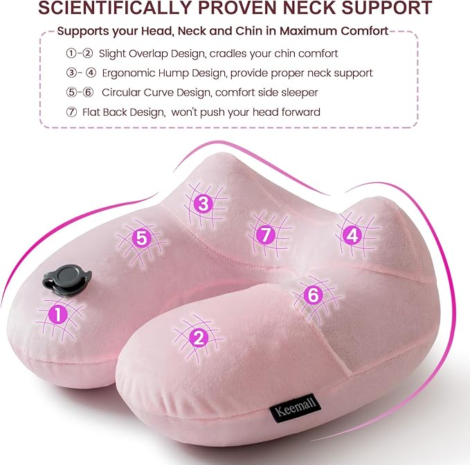 Keemall Inflatable Travel Pillow, Premium Soft Pink Velvet Neck Pillow, Washable Lightweight Portable Travel Essentials for Flight Road Trip Camping Office, Ideal Travel Gift for Women Girls
