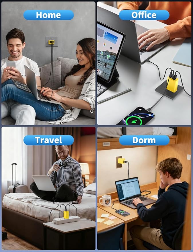2Pack 65W USB C Charger Block, 3Port Fast Charging Adapter,Type C Fast Charging Blocks Cube PD USBC Wall Plug+QC3.0 USB A Charger Brick for MacBook Pro/Air,iPad,iPhone17/16,Samsung S26/S25&More-Yellow