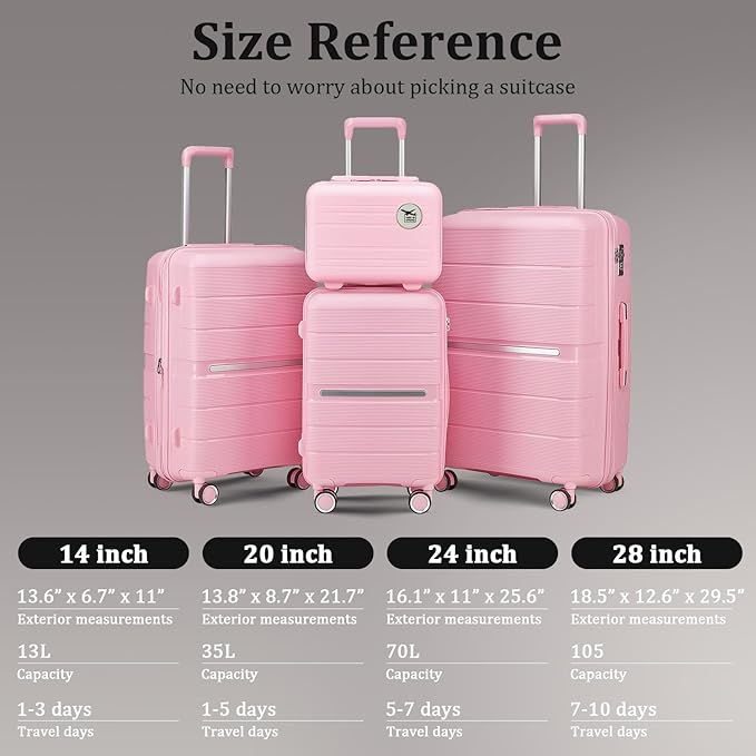 4 Piece Luggage Set, Hardside Expandable Lightweight Suitcase with 360° Mute Spinner Wheels Luggage Sets, TSA Lock, 14/20/24/28 Inch Travel Luggage for Men, Women and Girls (Pink 2)