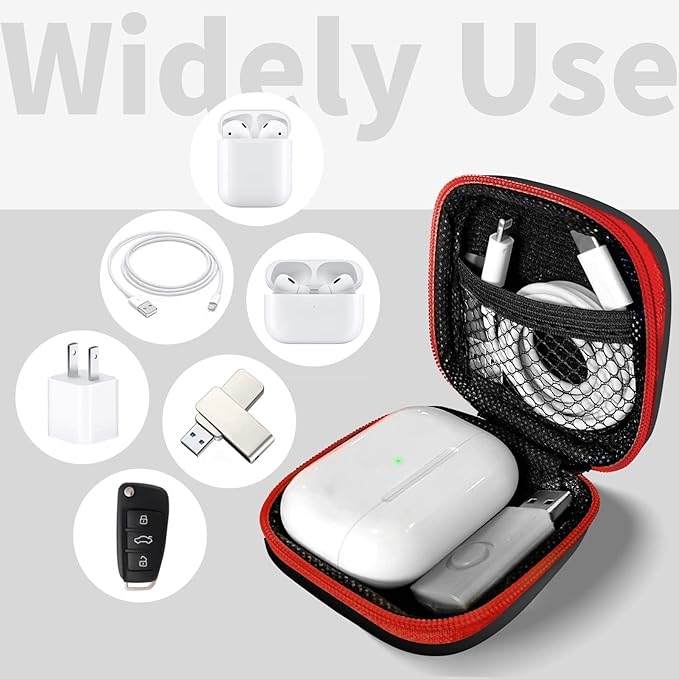 Square Earbud Case Portable EVA Carrying Case Storage Bag Tech Pouch Cell Phone Accessories Organizer with Carabiner for Earphone, Earbud, Earpieces, SD Memory Card, Camera Chips, Red