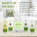 Travel Size Hotel Toiletry Set 150 Count 1 oz Bottles Guest Amenities for Vacation Rentals and Short Term Rentals Paraben Free Green Tea Lemongrass Scent Infused with Aloe and Olive Oil |Desert Breeze