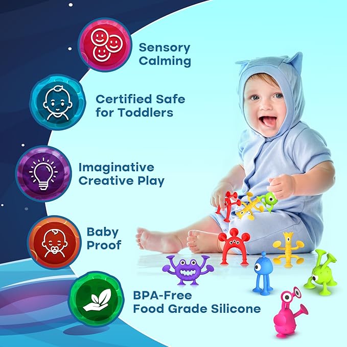 Suction Toy Toddler Bath Toys: No Hole Bath Toy for Boys Girls - 18PCS Sensory Fidget Toys for Kids - Window Building Toy Gooide Bag Stuffers - Travel Essentials Road Trip Activities for Kids Gifts
