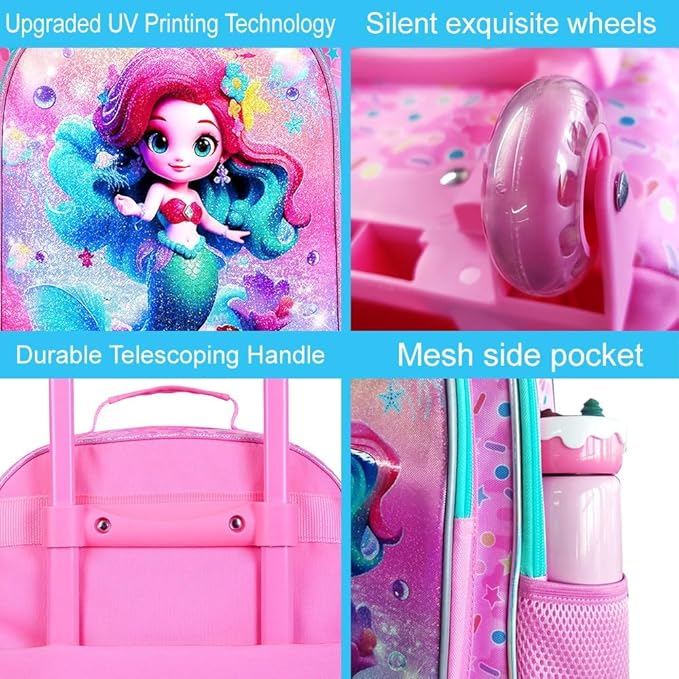 Kids Luggage for Girls, Mermaid Rolling Travel Carry on Suitcase for Toddler Children with Wheels(Pink)