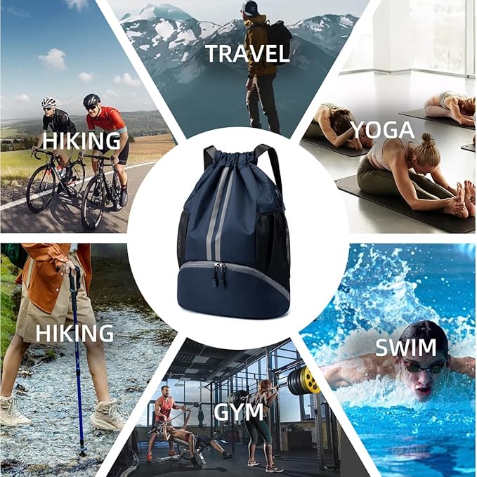 Valleycomfy Sports Drawstring Backpack - Water Resistant String Bag with Side Mesh Pockets Shoe Compartment Gym Backpack for Women & Men Dark Blue