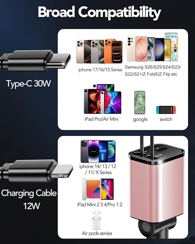 69W Fast Charging USB C Car Charger, 4-in-1 Retractable Phone Charger for iPhone 17, Travel Essentials, Gifts for Women Men, Car Accessories for Women Men, for iPhone 17 16 15 14 13, Galaxy, Pixel