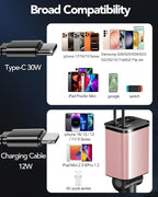 69W Fast Charging USB C Car Charger, 4-in-1 Retractable Phone Charger for iPhone 17, Travel Essentials, Gifts for Women Men, Car Accessories for Women Men, for iPhone 17 16 15 14 13, Galaxy, Pixel