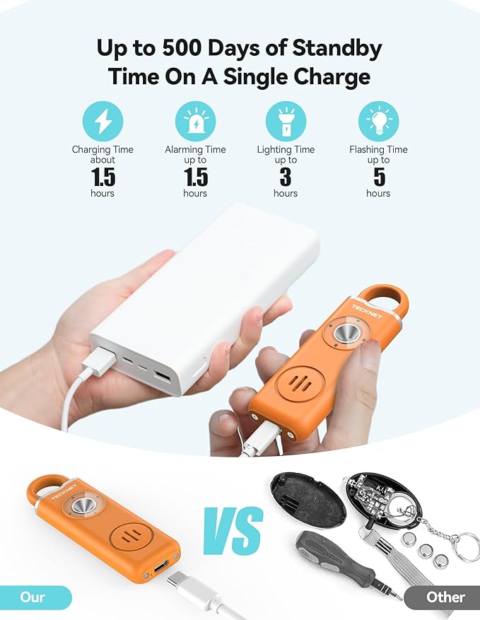 TECKNET Rechargeable Personal Safety Alarm for Women, 130dB Self Defense Keychain Alarm with SOS Strobe Light, Low Battery Notice, Loud Siren Safety Keychain for Girls Kids Elderly - Orange