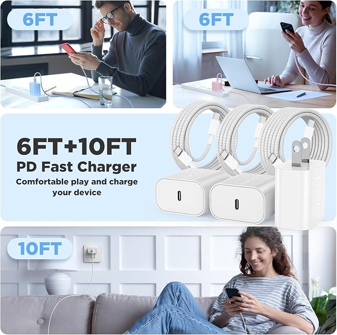 Hzevn 20W USB C Fast Charging for iPhone 17 Air/16/15 Pro Max,3Pack Colorful Mixed Charger Block with Braided Long USB C to C Cables (6/6/10ft) Compatible with iPhone16/15 Pro/15 Plus/iPad Pro
