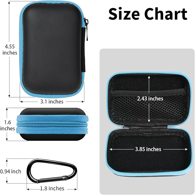 Earbud Case Portable EVA Storage Bag Cell Phone Accessories Organizer with Carabiner for Wired/Wireless Earphone, Earbud, Earpieces, SD Memory Card, Camera Chips, Tech Pouch, Rectangle, Blue