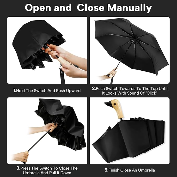 Compact Small Umbrellas for Rain&Sun, Cute Design Duck Head Umbrella for Girls Gifts, 8 Ribs Folding Umbrella with Wooden Handle