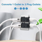 EXTRASTAR 3 Outlet Extender, Heavy Duty Grounded Wall Tab, T-Shaped Adapter, 3 Way Plug, ETL Listed Power Splitter, 4 Pack, Black
