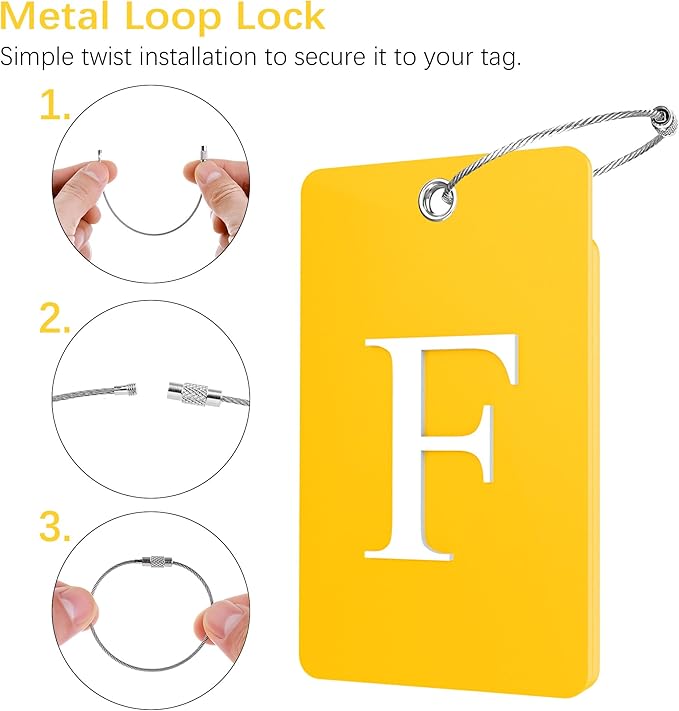 Gostwo 2 Pack Luggage Tags for Suitcases, 26 Initial Letter Travel Luggage Baggage Identification Labels ID Tag Fully Bendable Tags with Stainless Steel Loop (Yellow) (Letter F)