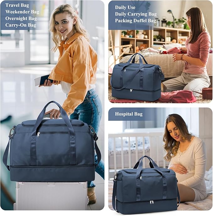 Extra Large Travel Duffle Bag,Carry on Overnight Bag with Shoes Compartment,Weekender Bags for Women for Travel Business Trips Sport Hospital,3 Pcs Set,Dark Blue