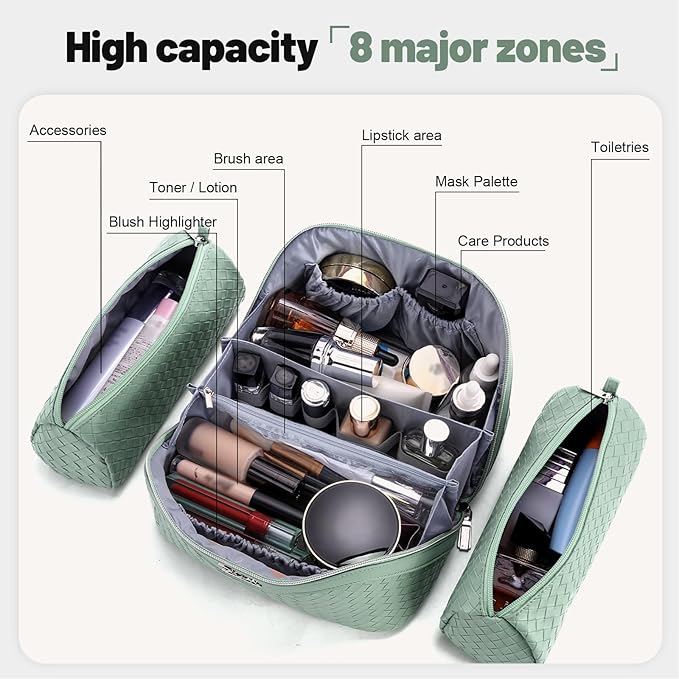 BOYATU Travel Makeup Bag Cosmetic Bags for Women: Large Capacity 3 Pcs Set Make up Bag with Compartments - Waterproof Vegan Leather Toiletry Organizer Bags with Handle (L10 Grass Green)