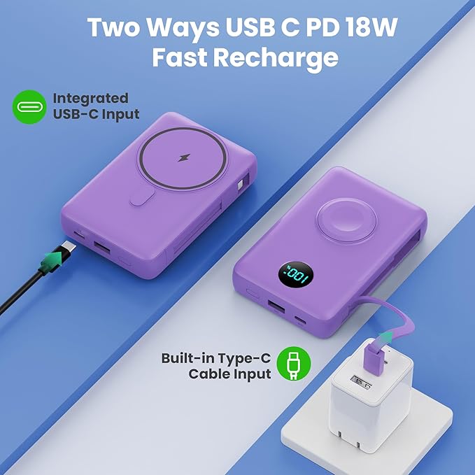 APHUWJ Magnetic Portable Charger Power Bank,Compact 10800mAh LCD Display Wireless Portable Charger,PD USB-C in&Out Battery Pack Compatible with Magsafe,iPhone 17/17 Pro Max/16/15/14 Series (Purple)