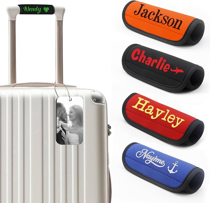 HJX Personalized Luggage Handle Wrap for Suitcase Custom Embroidered Name Handle Cover for Luggage Bag with Luggage Tag Travel Accessories (02-Text)