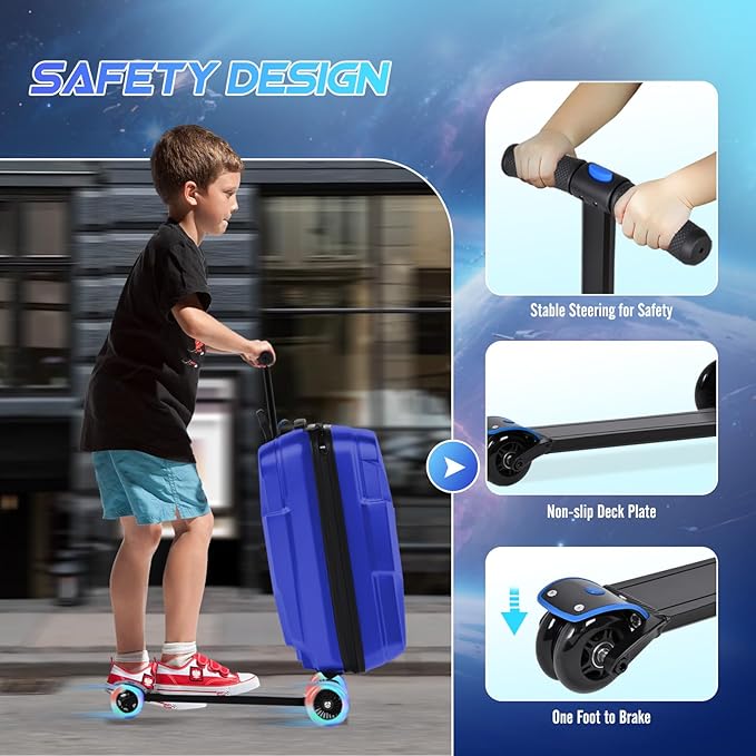 smilesun Scooter Suitcase for Kids & Adults, Foldable Carry On Travel Luggage, Hardside Ride on Scooter Suitcase with Spinner Wheels，Blue