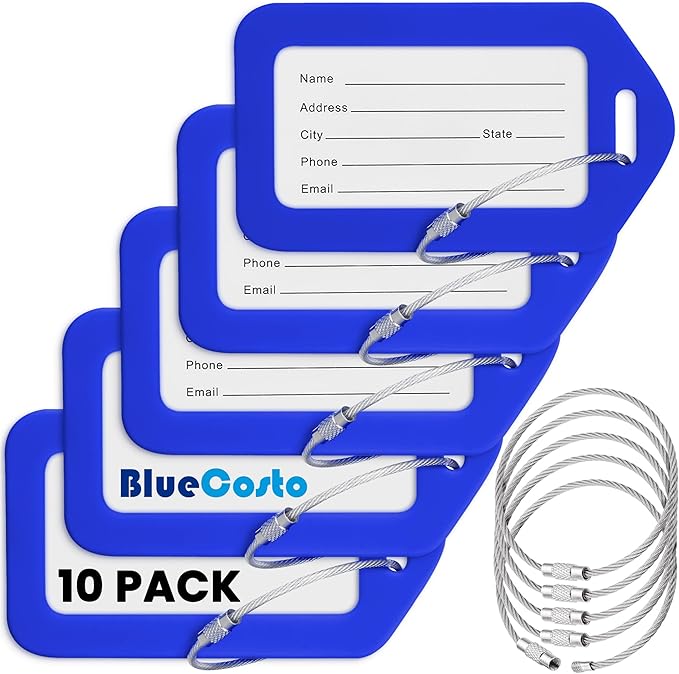BlueCosto - Luggage Tags - Blue, 10 Pack - Suitcase Tags with Name ID Card & Heavy-Duty Metal Wire Loops - Bright Colored PVC Identifiers for Travel Baggage - Backpack Name Labels