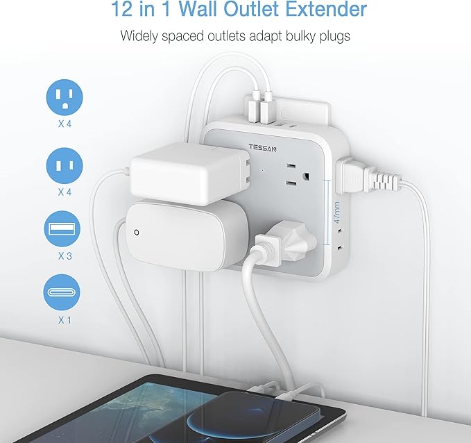 USB Wall Charger, Surge Protector Outlet Extender, TESSAN Outlet Splitter with USB C Charger Block, 8 AC Multiple Power Splitter Surge Protector for Office Home Kitchen Dorm Room