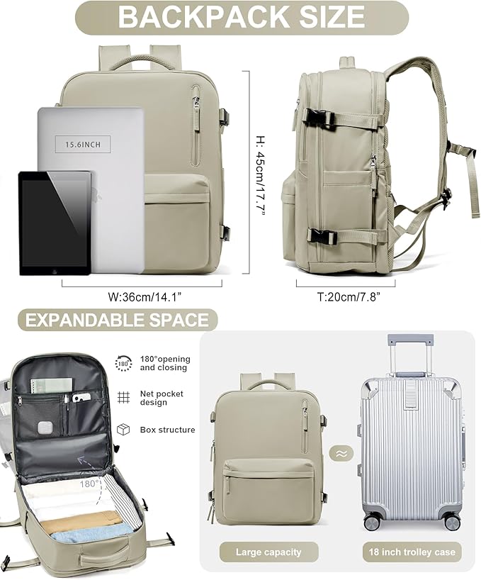 WONHOX Large Travel Backpack Women,Carry On Backpack Flight Approved 18x14x8 inches Bag Spirit Airlines Personal ltem,College Sports Hiking Rucksack Laptop Blackpack mochila de viaje,Brown
